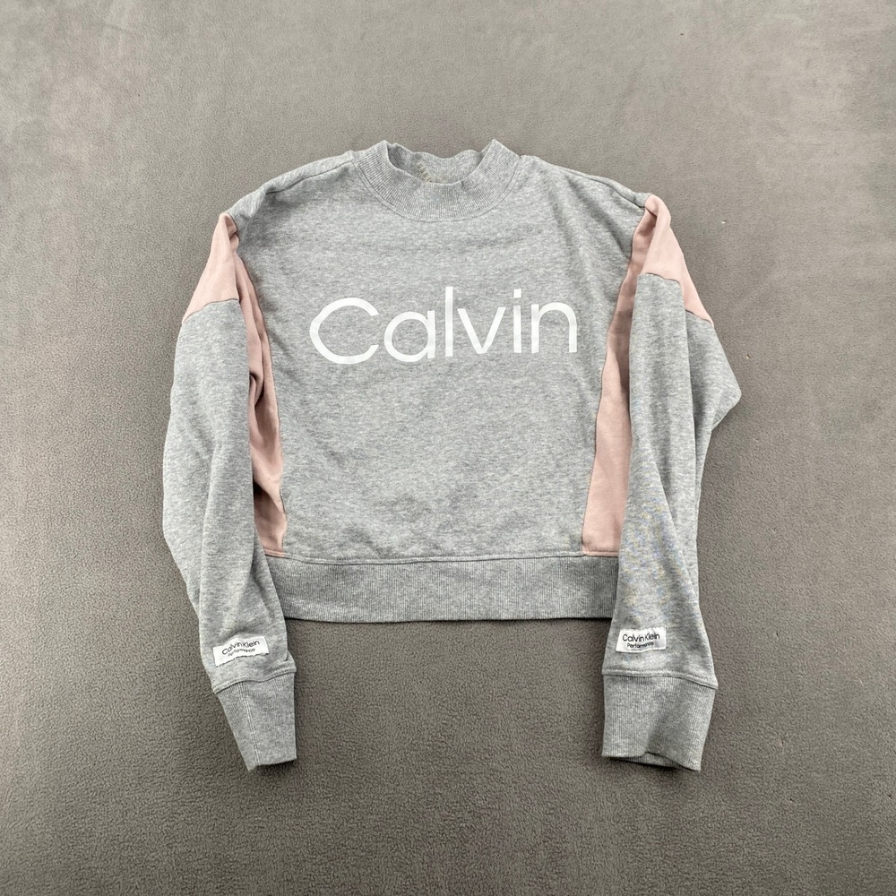 Calvin Klein Performance Womens Heather Gray Pink‎ Cropped Sweatshirt Mock Neck